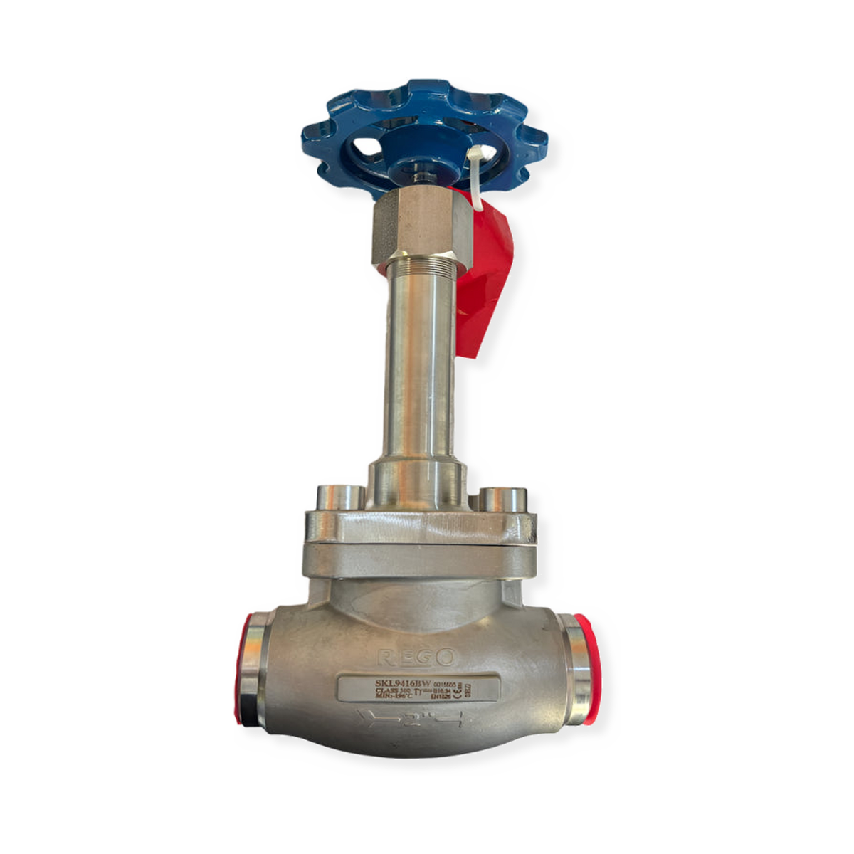 RegO SKM009416BW 2" cryogenic buttweld globe valve on white background