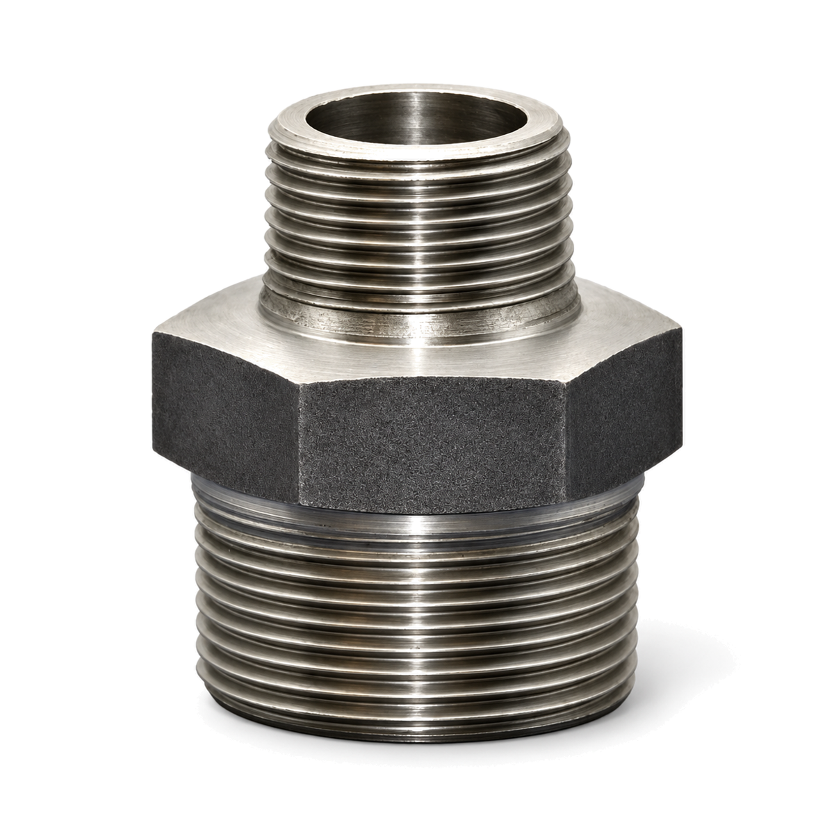 Forged carbon-steel NPT reducing nipple, 1-1/2 inch × 3/4 inch, with male threaded ends, central hexagonal body and visible upper bore on white.