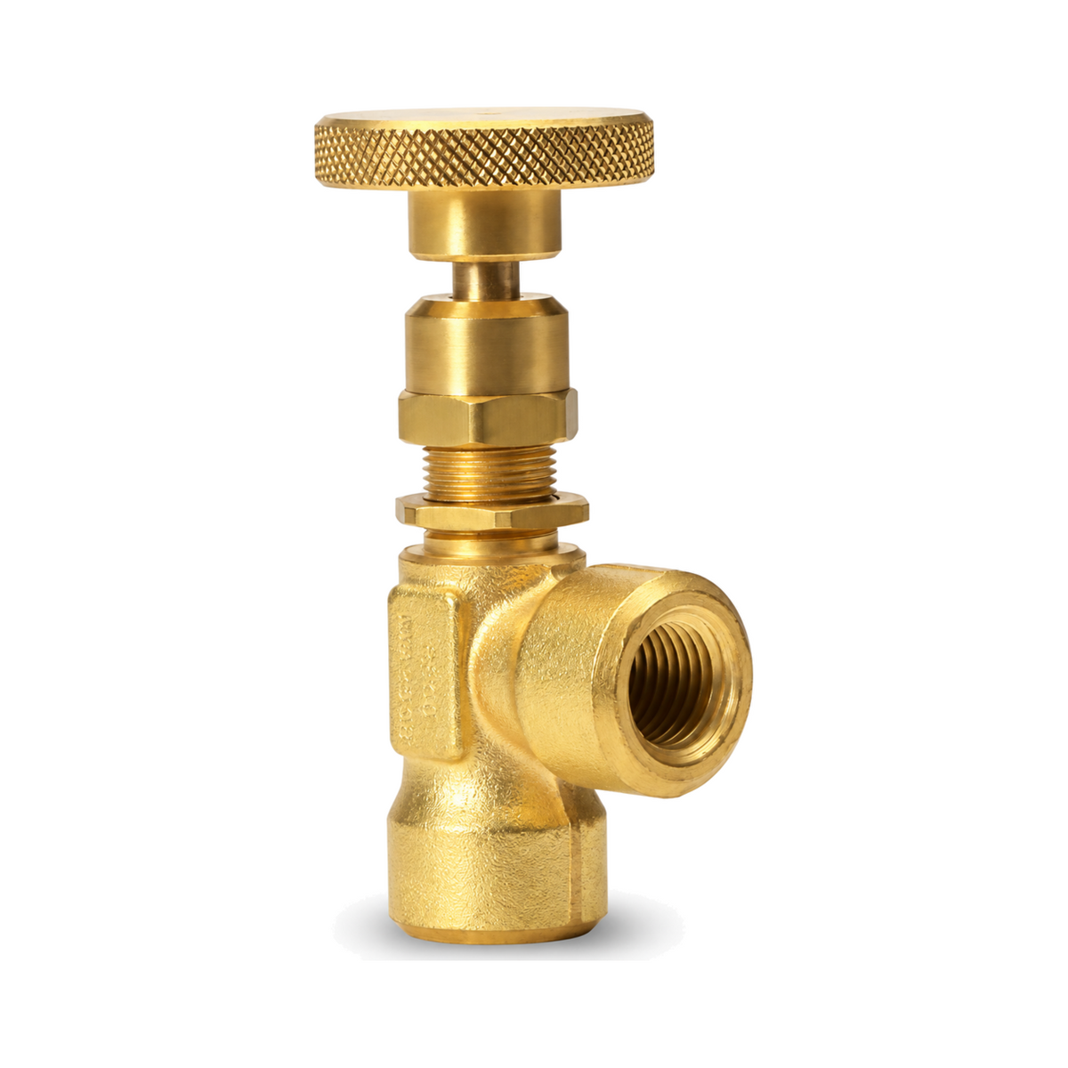 RegO NVA250B brass mini-line angle needle valve with knurled handwheel and threaded ports