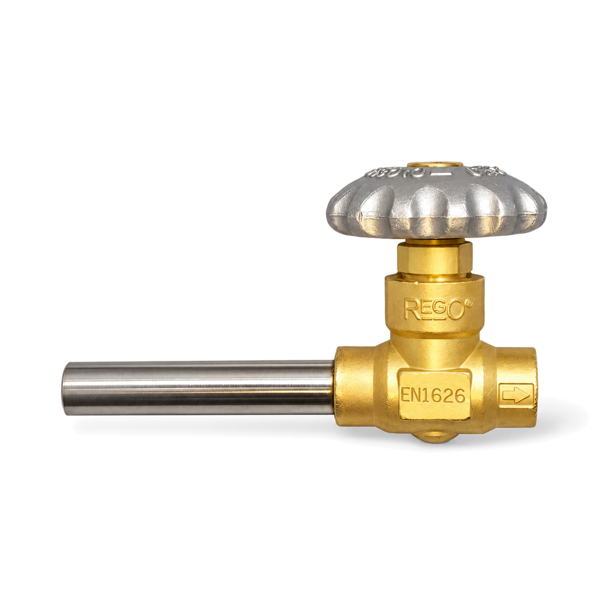 RegO T9464ADA short-stem cryogenic valve with silver handwheel, brass body and left-projecting metal tube on white.