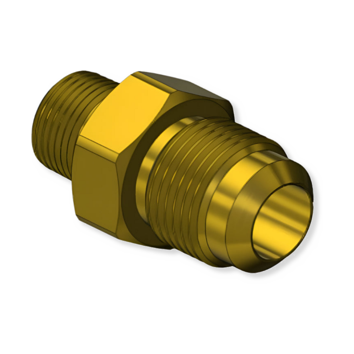 RegO brass flare adaptor with male threads and hexagonal body on white background